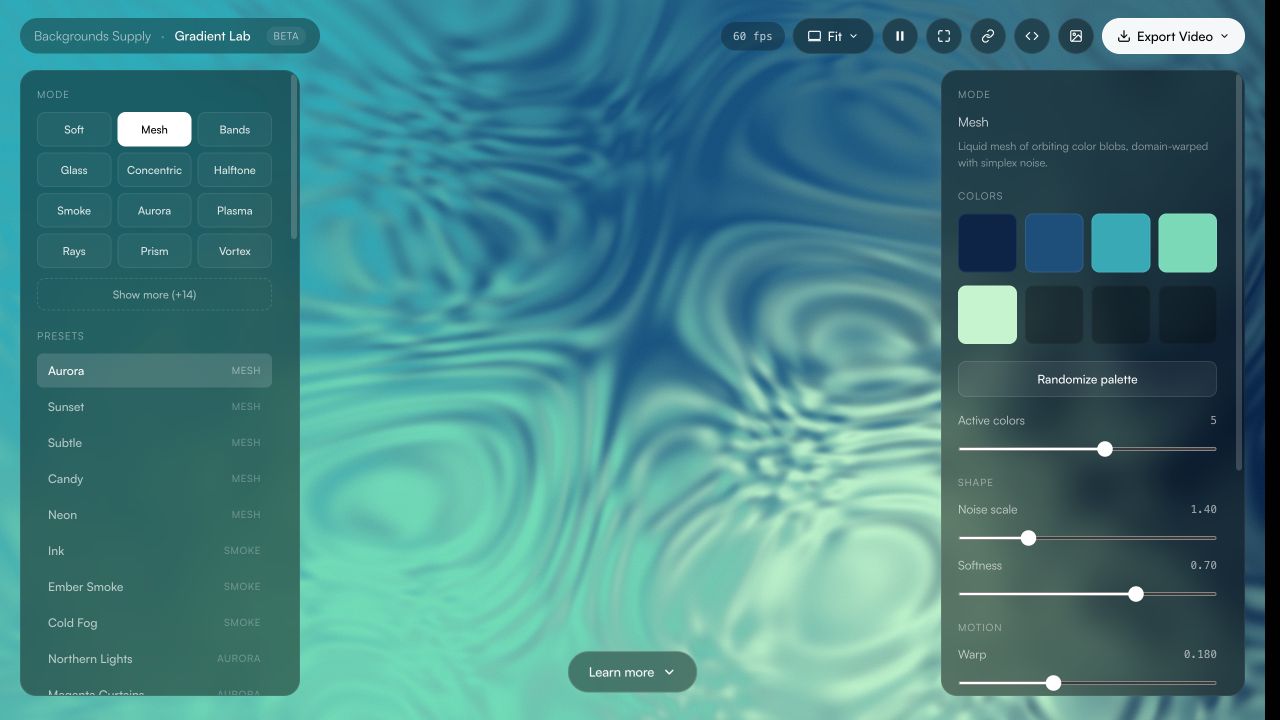 Gradient Lab editor with shader-driven background controls and presets