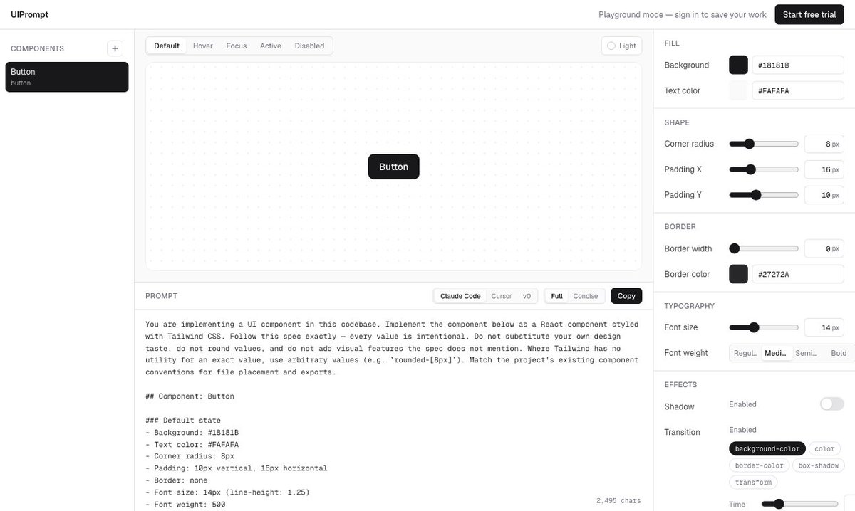 UIPrompt visual component editor with generated implementation specification